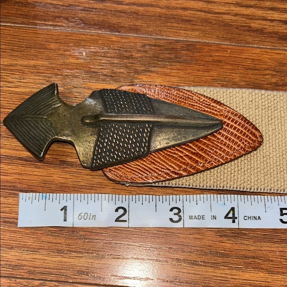 Vintage OMEGA Arrowhead Southwest Gold Metal Buckle Stretch Belt Tan Brown Small main image 4